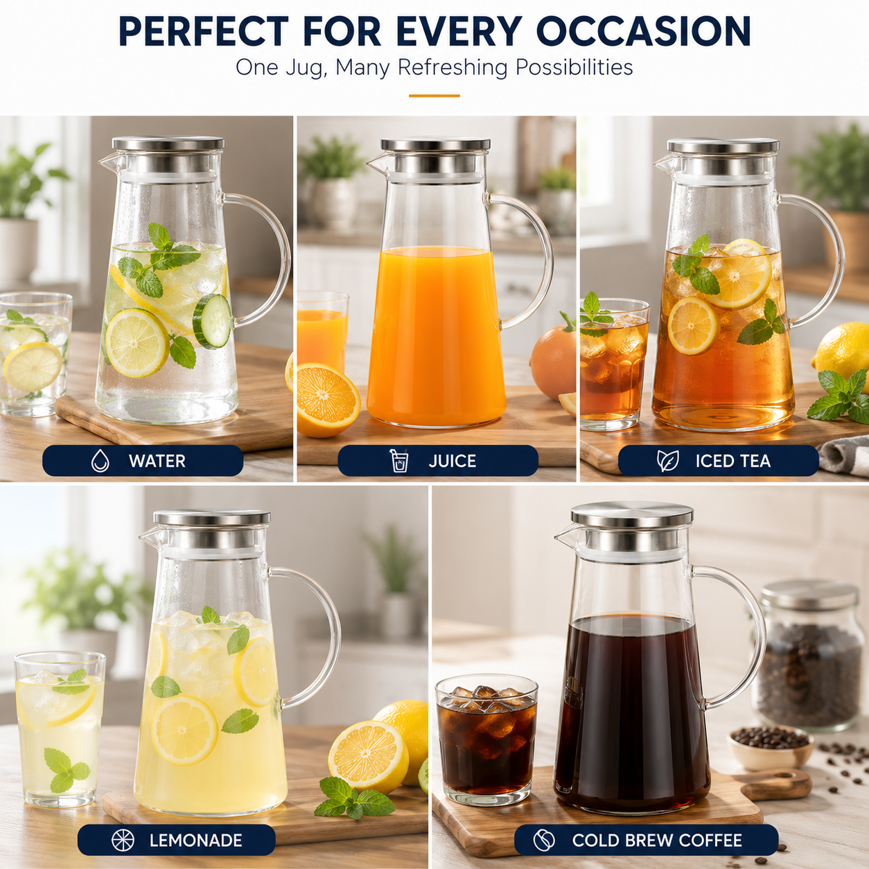 Sky Buy Glass Water Jug with Stainless Steel Lid 1400 ml – Transparent Water & Juice Pitcher