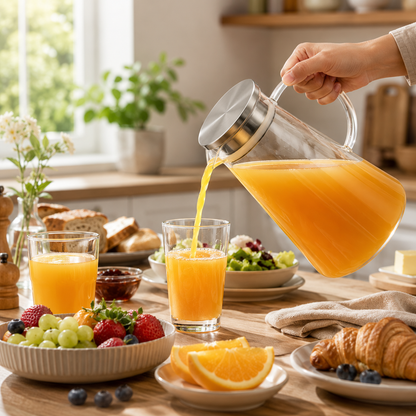 Sky Buy Glass Water Jug with Stainless Steel Lid 1400 ml – Transparent Water & Juice Pitcher
