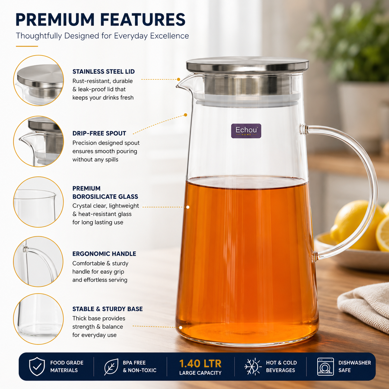 Sky Buy Glass Water Jug with Stainless Steel Lid 1400 ml – Transparent Water & Juice Pitcher