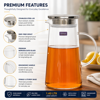 Sky Buy Glass Water Jug with Stainless Steel Lid 1400 ml – Transparent Water & Juice Pitcher