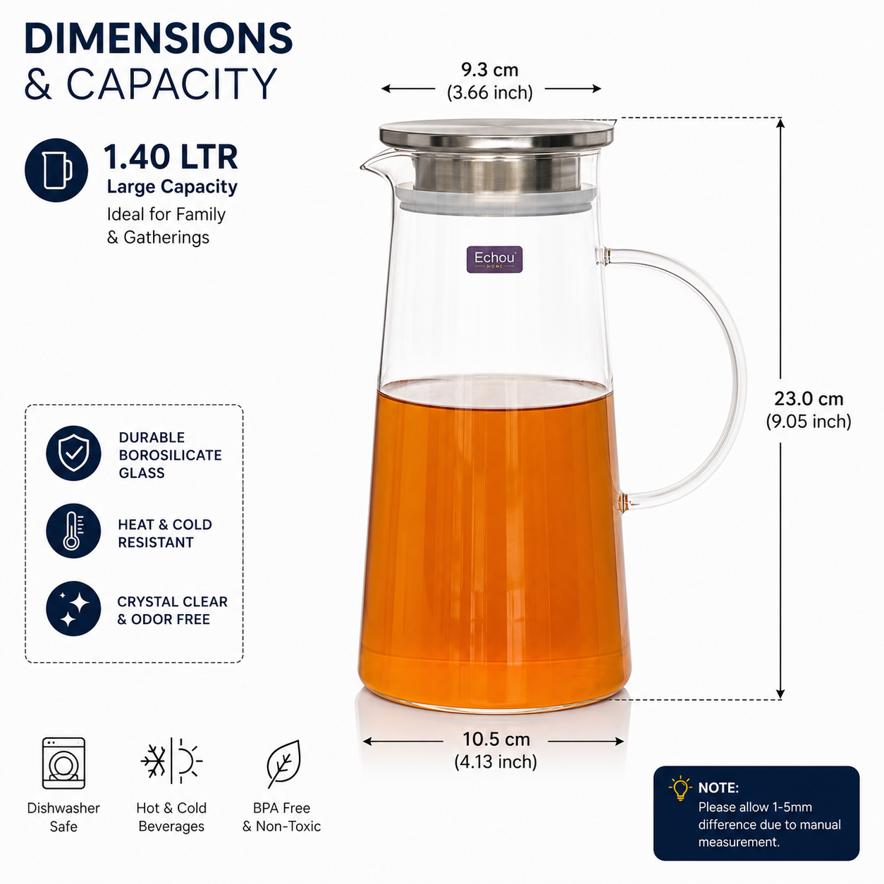 Sky Buy Glass Water Jug with Stainless Steel Lid 1400 ml – Transparent Water & Juice Pitcher